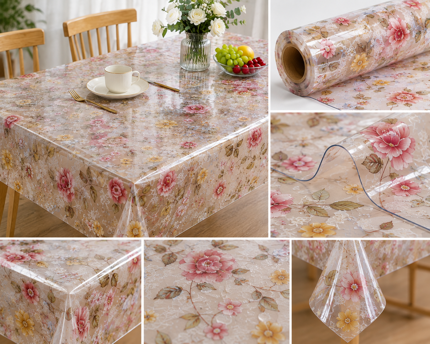 Printed PVC tablecloth with decorative floral pattern
